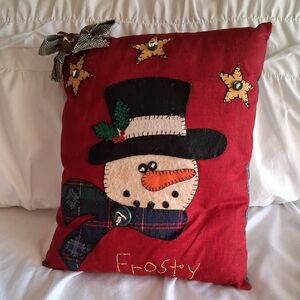 Festive Snowman Holiday Pillow - Red and Black Handstiched Vintage